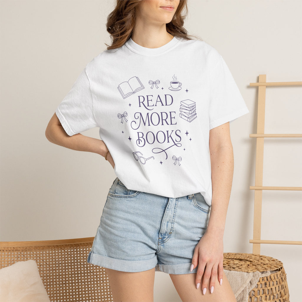 Wicked Thread Society white cotton graphic tee featuring a Read More Books illustration with a book and coffee cup.
