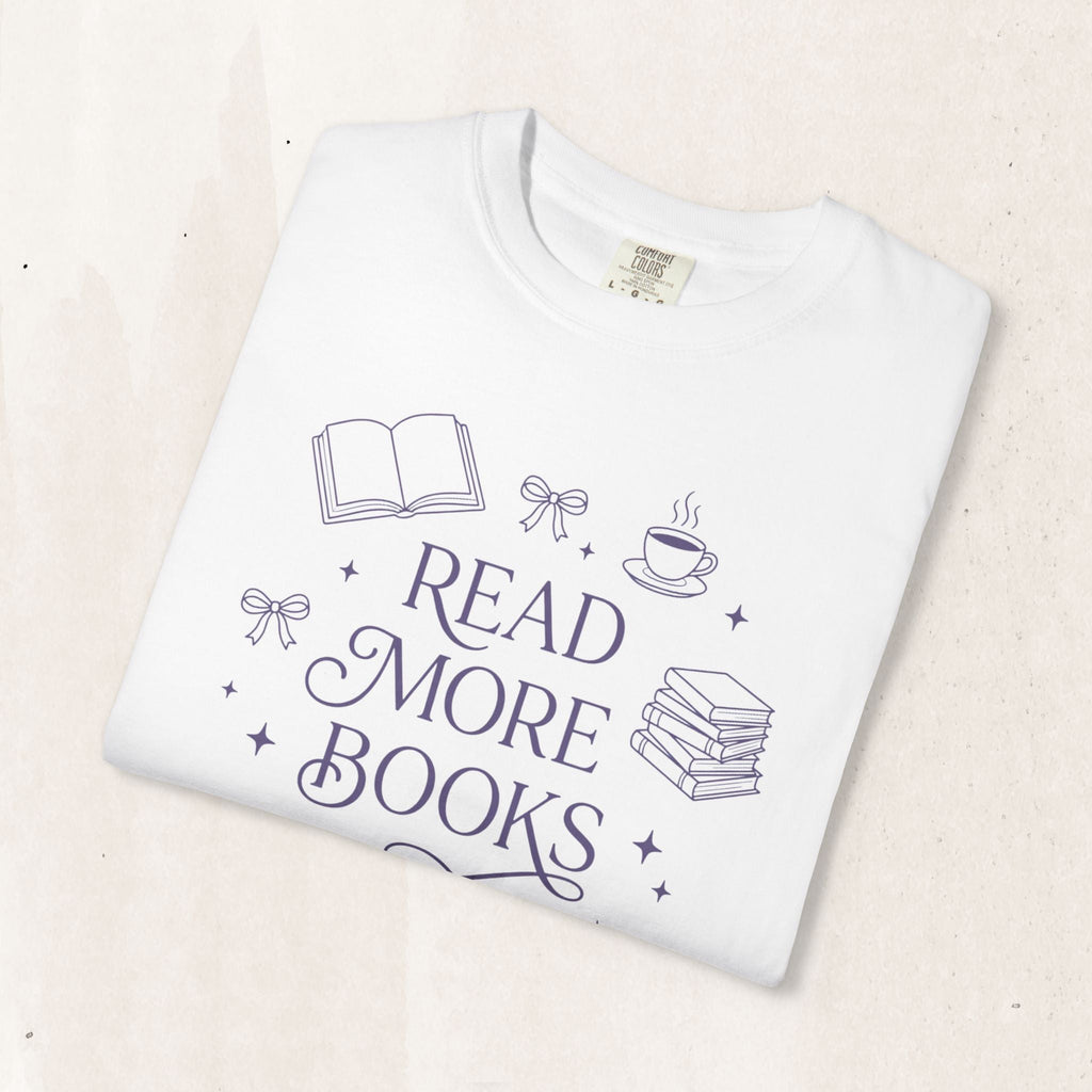 Wicked Thread Society white cotton graphic tee featuring a Read More Books illustration with a book and coffee cup.