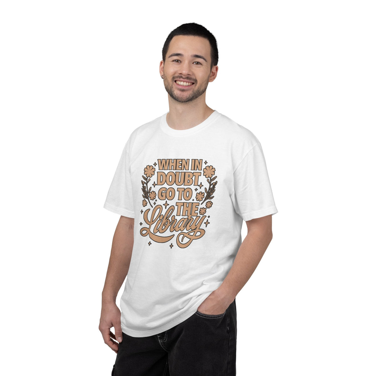 Wicked Thread Society white graphic tee featuring When in Doubt Go to the Library text with floral illustrations
