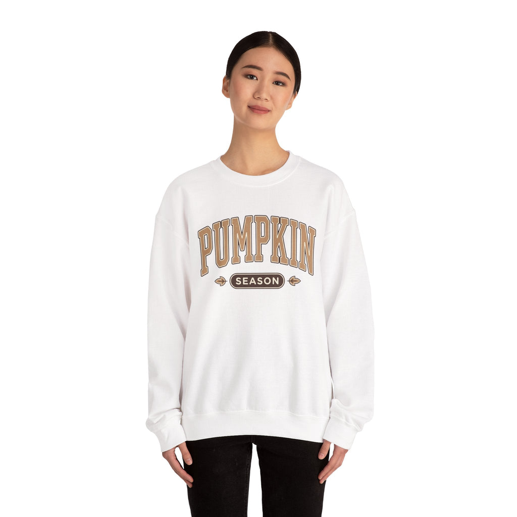 Wicked Thread Society white crewneck sweatshirt with vintage-style brown Pumpkin Season graphic worn by a woman
