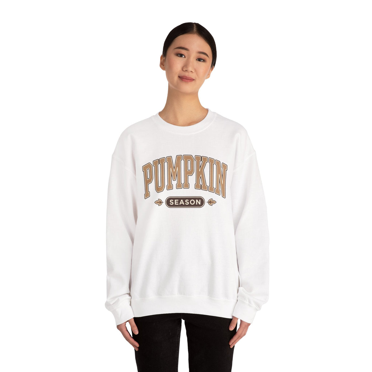 Wicked Thread Society white crewneck sweatshirt with vintage-style brown Pumpkin Season graphic worn by a woman