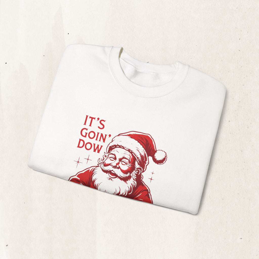 Wicked Thread Society white crewneck sweatshirt featuring a red graphic of Santa Claus and humorous holiday text.