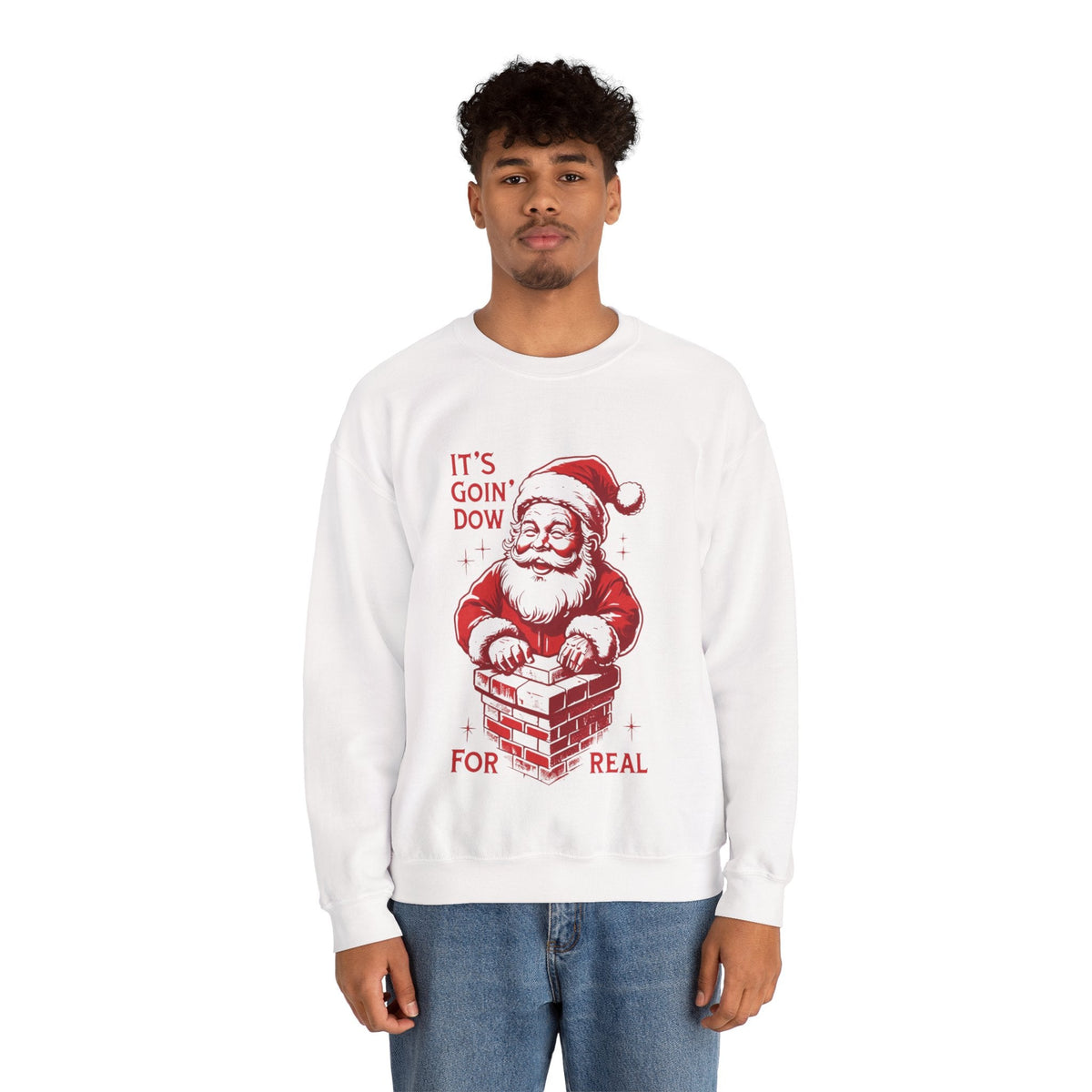 Wicked Thread Society white crewneck sweatshirt featuring a red Santa Claus graphic entering a chimney