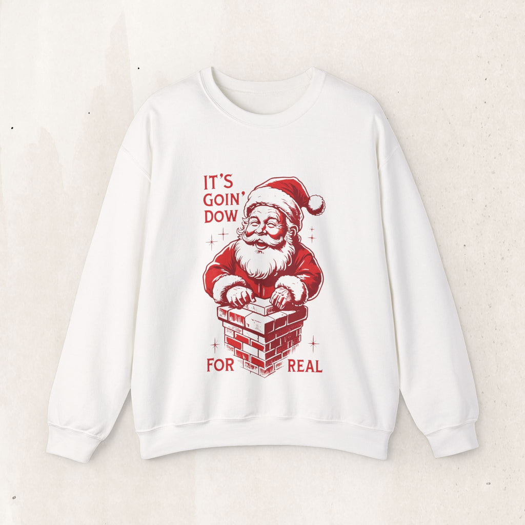 Wicked Thread Society white crewneck sweatshirt featuring a red Santa Claus graphic and festive holiday text