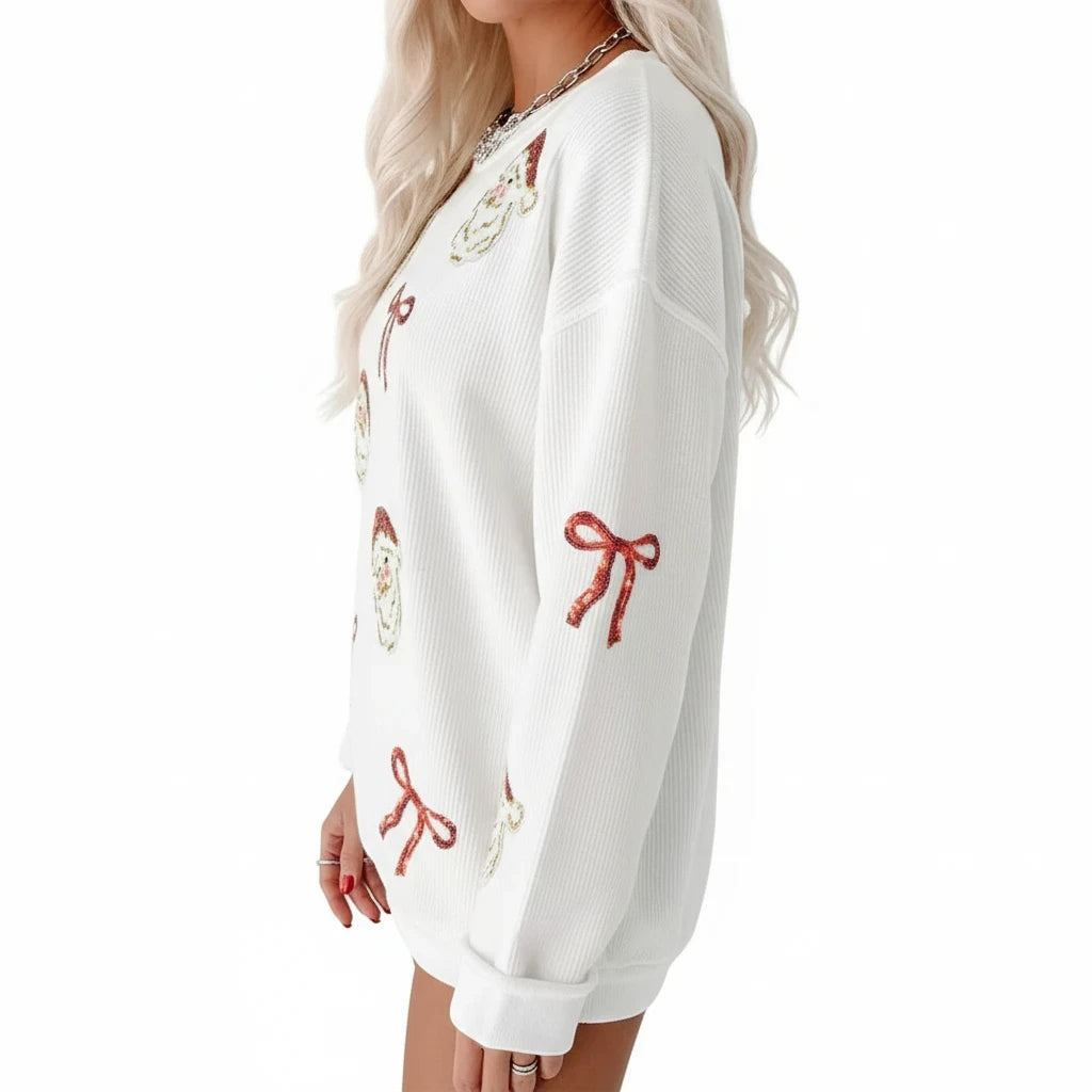 Wicked Thread Society white corded rib sweatshirt with sequin Santa and bow patches, side view on a model