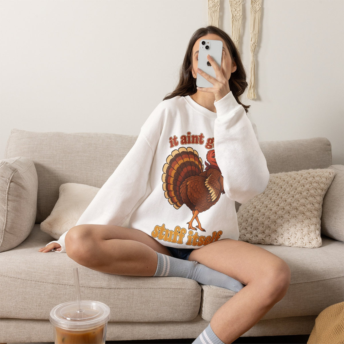 Wicked Thread Society white crewneck sweatshirt with a retro turkey graphic and It Ain't Gonna Stuff Itself text