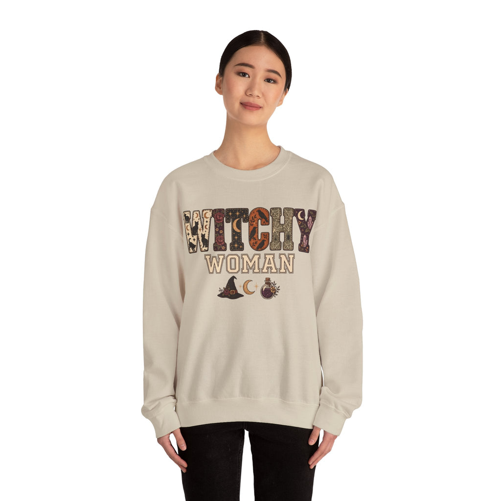 Wicked Thread Society beige crewneck sweatshirt featuring a Witchy Woman graphic with witch hat and potion bottle