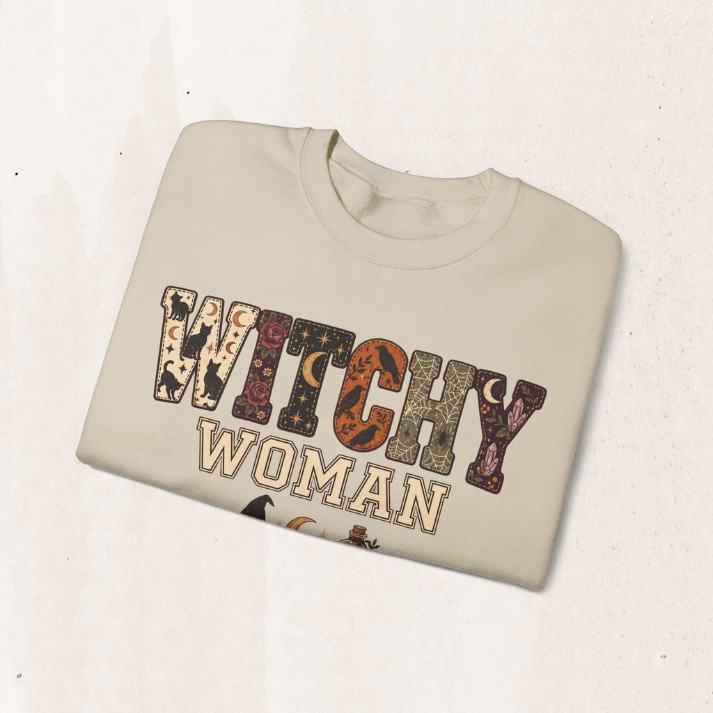 Wicked Thread Society beige crewneck sweatshirt featuring a Witchy Woman graphic with mystical and floral motifs.