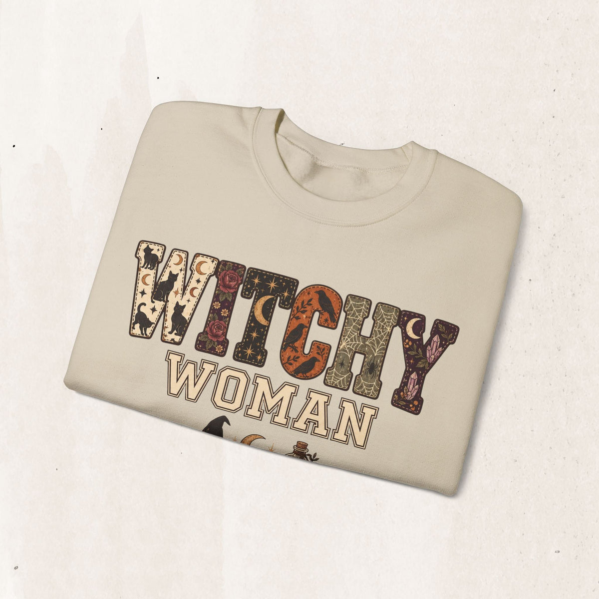 Wicked Thread Society beige crewneck sweatshirt featuring a Witchy Woman graphic with mystical and floral motifs.