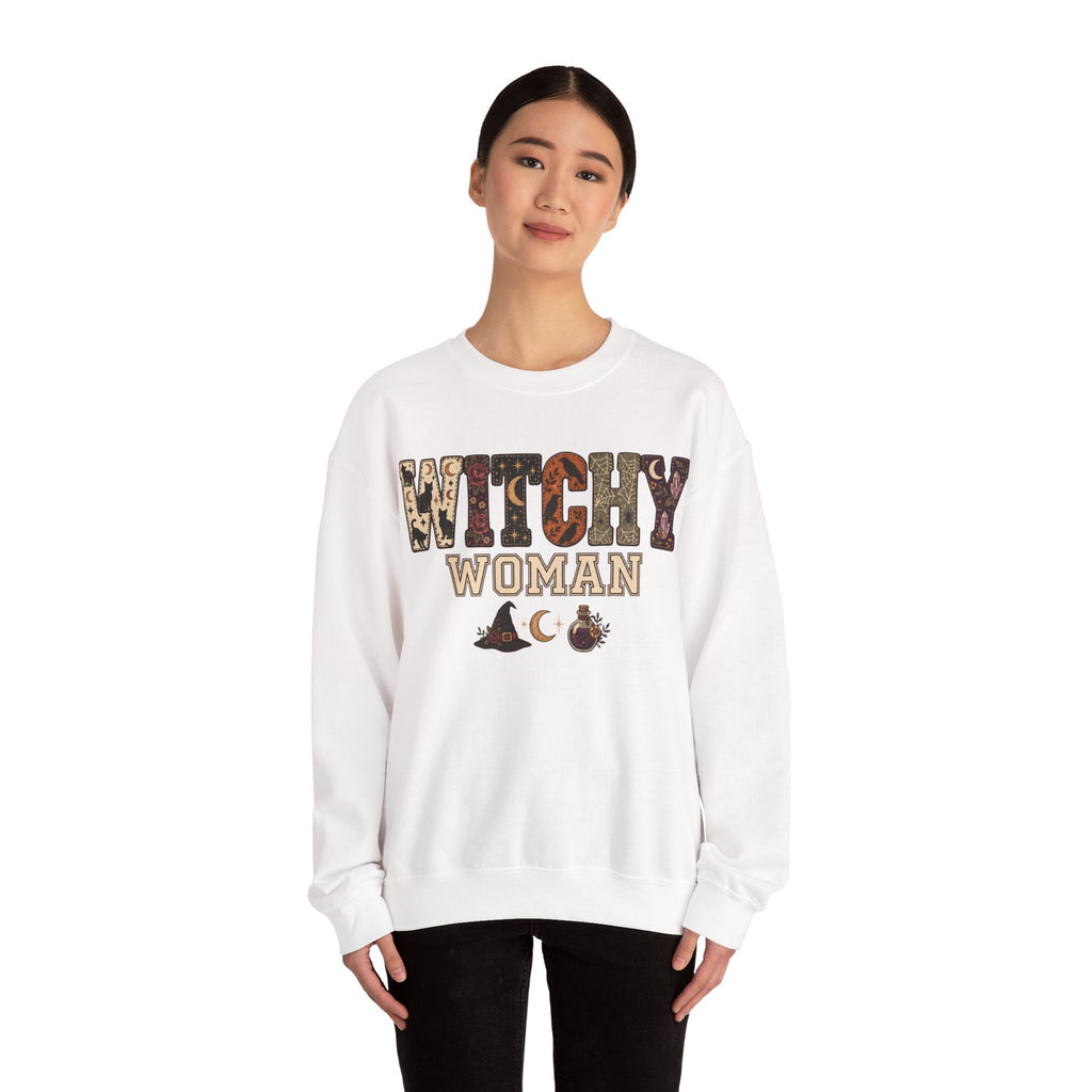 Wicked Thread Society white crewneck sweatshirt with Witchy Woman graphic featuring witch hat and potion bottle icons.