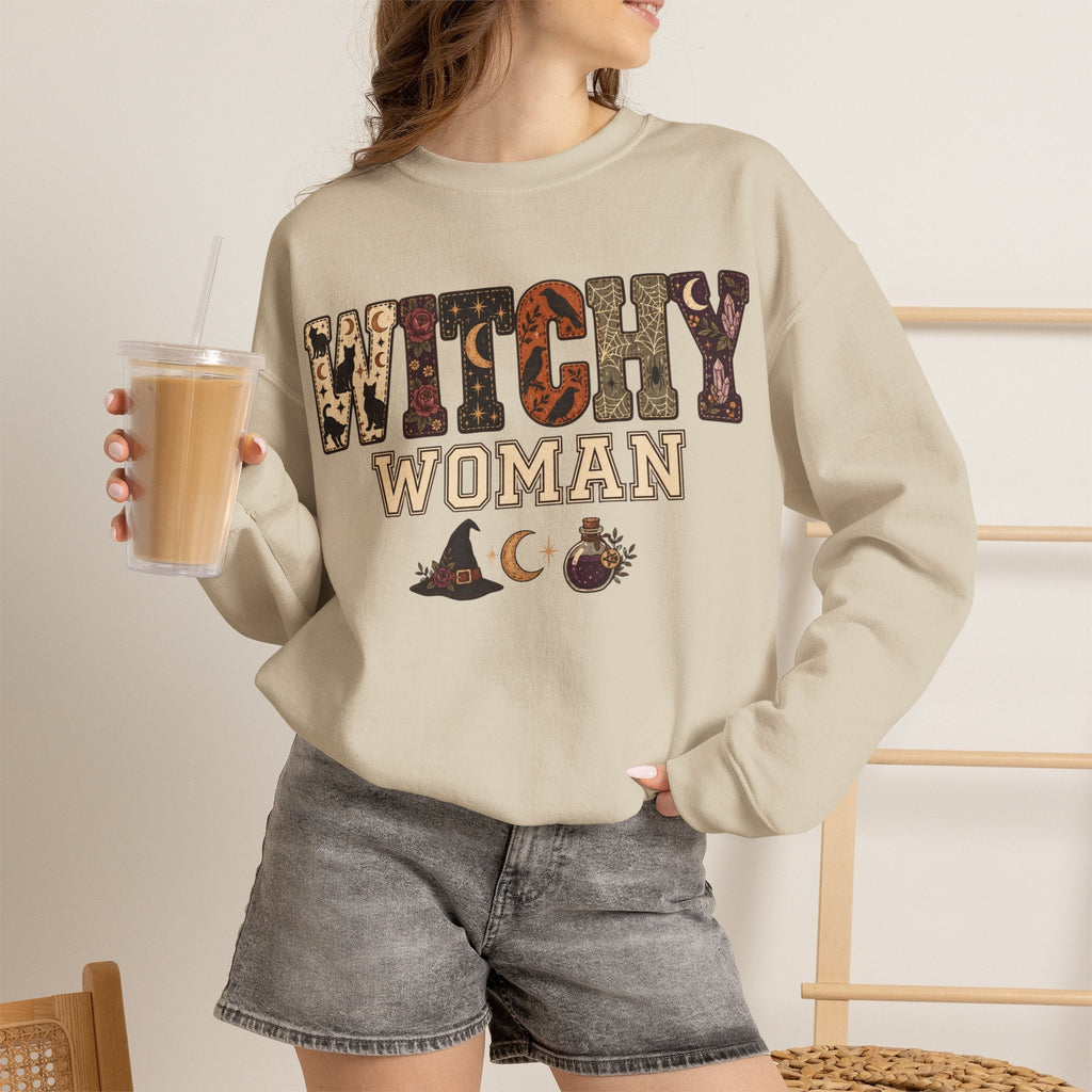Wicked Thread Society beige crewneck sweatshirt with Witchy Woman graphic print, worn with grey denim shorts.