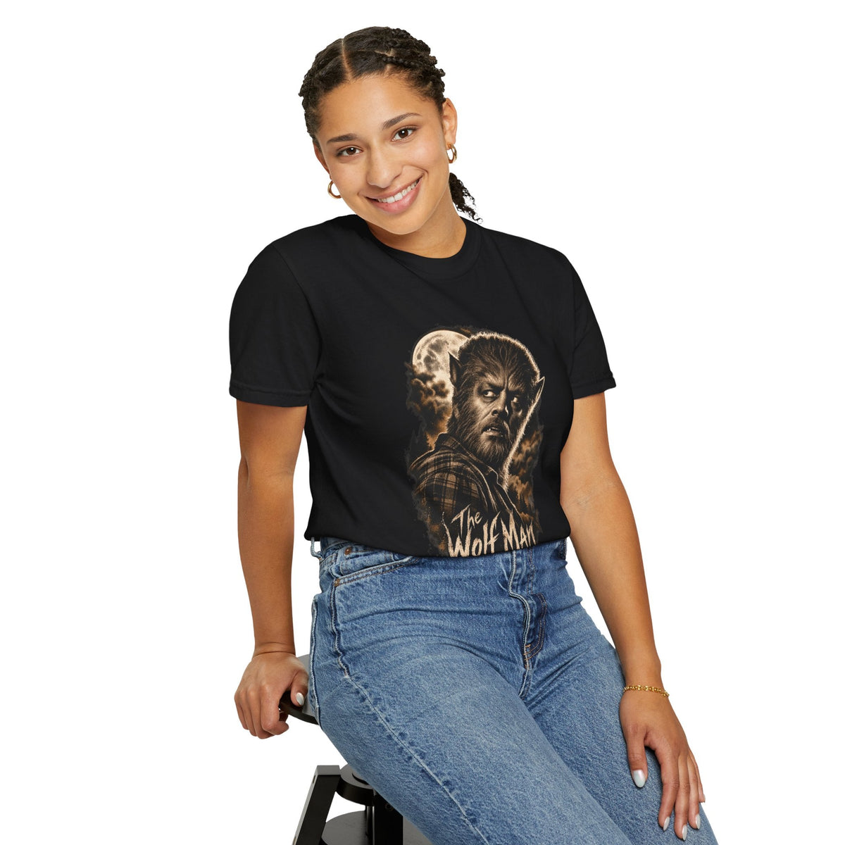 Wicked Thread Society black graphic t-shirt featuring a Wolf Man print worn by a smiling woman in blue jeans.