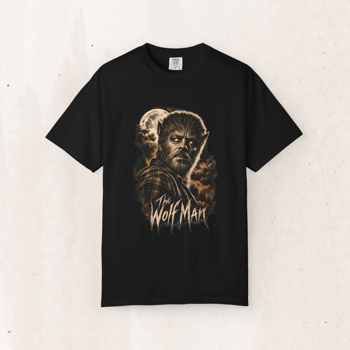 Wicked Thread Society black crew neck t-shirt featuring a detailed Wolf Man graphic with a full moon and dark clouds.