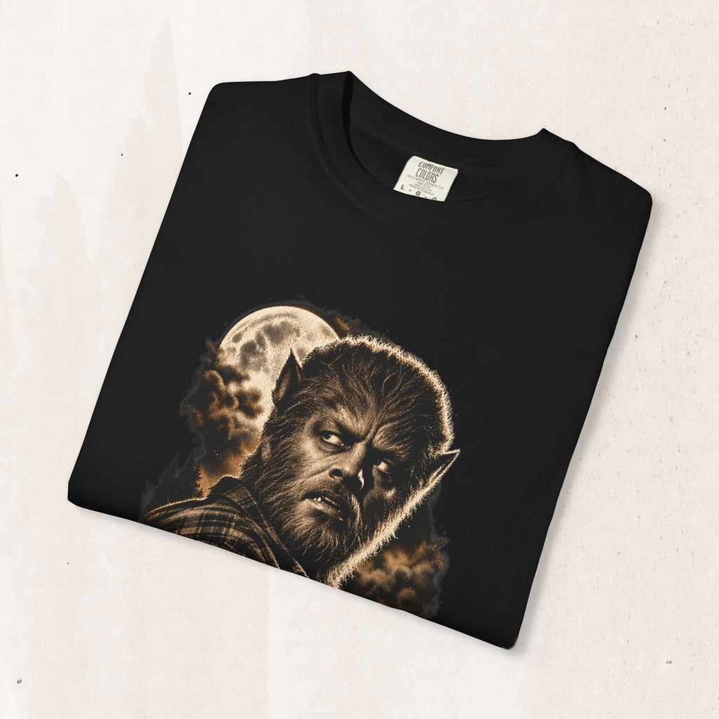 Wicked Thread Society black crew neck t-shirt featuring a detailed Wolf Man graphic with a full moon and dark clouds.