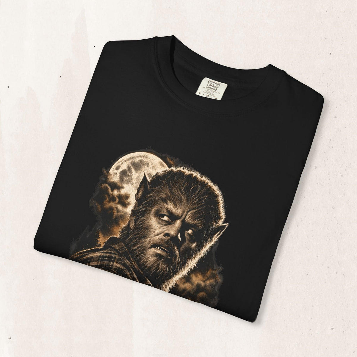 Wicked Thread Society black crew neck t-shirt featuring a detailed Wolf Man graphic with a full moon and dark clouds.