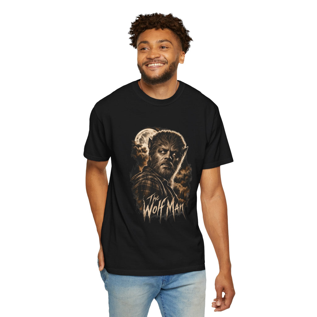 Wicked Thread Society black crew neck t-shirt featuring a detailed Wolf Man graphic print worn by a smiling man.