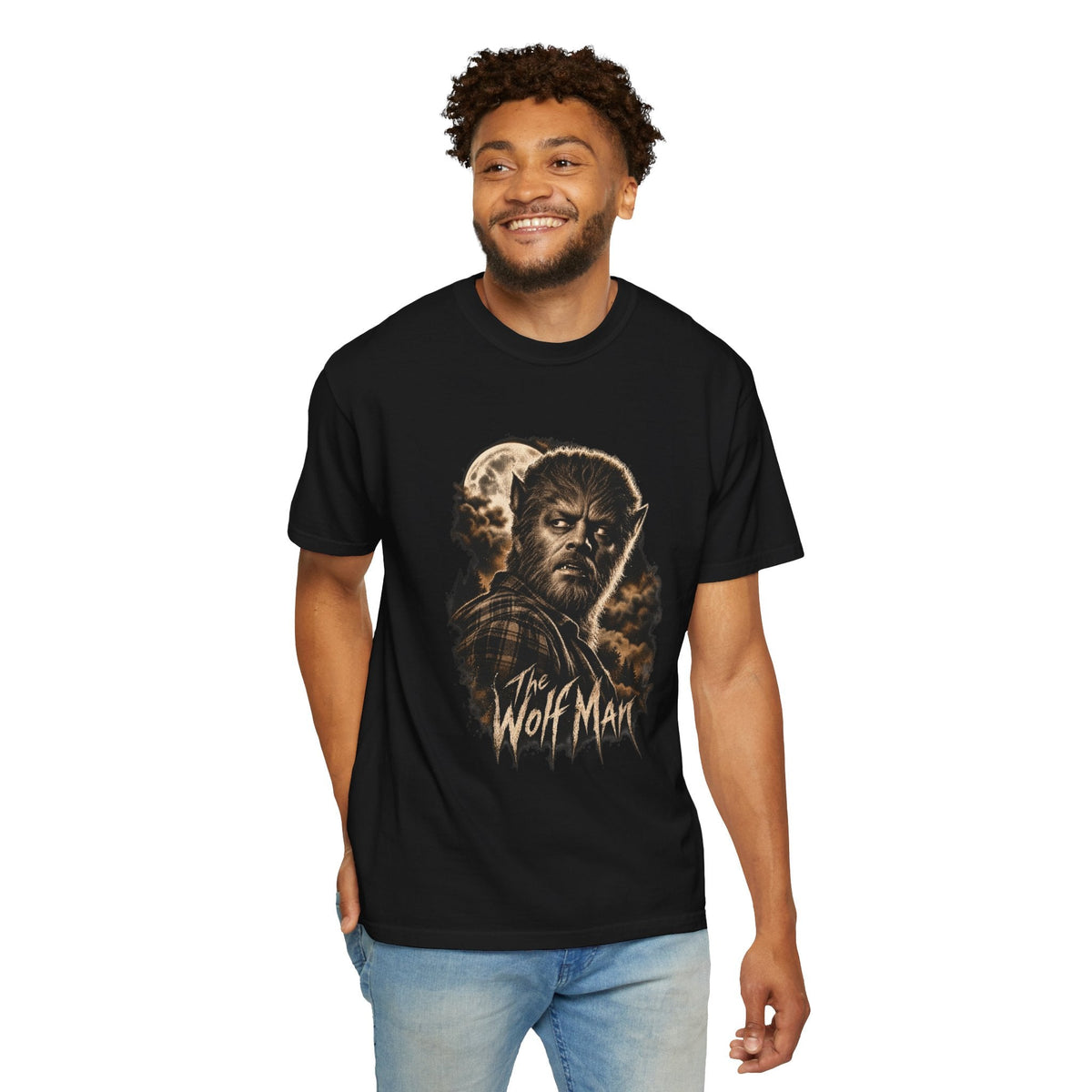 Wicked Thread Society black crew neck t-shirt featuring a detailed Wolf Man graphic print worn by a smiling man.